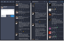 The Mastodon webapp, showing a federated timeline (right panel - and yes, Mastodon is popular in Japan)