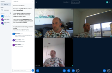 BigBlueButton in effect with 3 participants (all the author from different devices). Note the public chat.