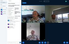 BigBlueButton conversation window in a browser, with the moderator tools open, showing link to breakout rooms and other moderation functions.